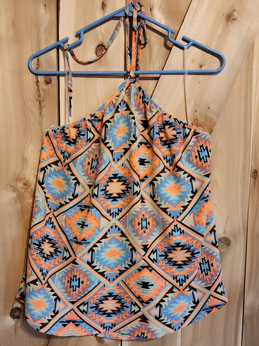 Halter Geo Print Tank Top - Orange & Blue